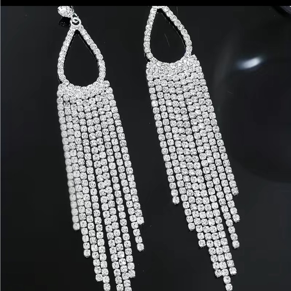 Rhinestone and Silver Tassel Dangle Earrings - Picture 2 of 3